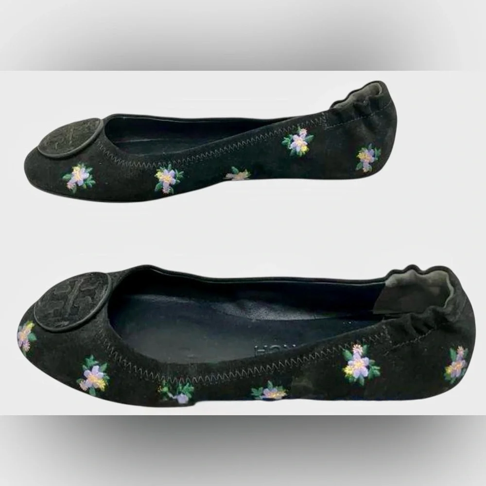TORY BURCH Minnie Travel Flat Women 8 Black Daybreak Ditsy Floral Embroider Shoe
